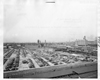 1937 newly-produced Packards in aerial view of Packard plant