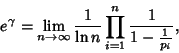 \begin{displaymath}
e^\gamma=\lim_{n\to\infty} {1\over\ln n} \prod_{i=1}^n {1\over 1-{1\over p_i}},
\end{displaymath}
