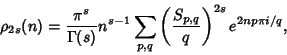 \begin{displaymath}
\rho_{2s}(n)={\pi^s\over\Gamma(s)} n^{s-1} \sum_{p, q} \left({S_{p, q}\over q}\right)^{2s} e^{2np\pi i/q},
\end{displaymath}