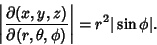 \begin{displaymath}
\left\vert{\partial (x,y,z)\over\partial(r,\theta,\phi)}\right\vert = r^2\vert\sin\phi\vert.
\end{displaymath}