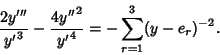 \begin{displaymath}
{2y'''\over {y'}^3}-{4{y''}^2\over {y'}^4} = -\sum_{r=1}^3 (y-e_r)^{-2}.
\end{displaymath}
