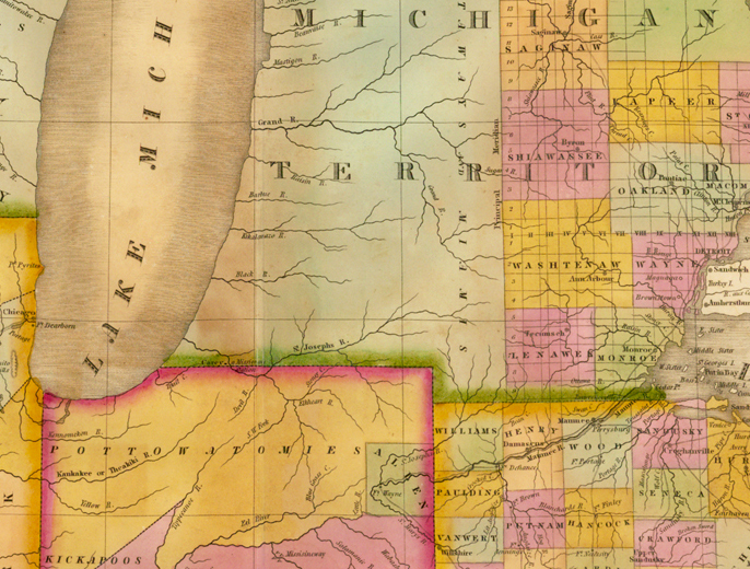 detail from Finley 1825 map of the midwest
