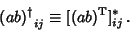 \begin{displaymath}
{(ab)^\dagger}_{ij} \equiv [(ab)^{\rm T}]^*_{ij}\,.
\end{displaymath}