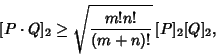 \begin{displaymath}[P\cdot Q]_2 \geq \sqrt{m!n!\over (m+n)!}\, [P]_2[Q]_2,
\end{displaymath}