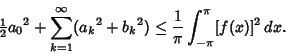 \begin{displaymath}
{\textstyle{1\over 2}}{a_0}^2 + \sum\limits_{k=1}^\infty ({a_k}^2+{b_k}^2) \leq {1\over\pi}\int^\pi_{-\pi} [f(x)]^2\,dx.
\end{displaymath}