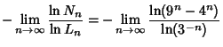 $\displaystyle -\lim_{n\to\infty} {\ln N_n\over \ln L_n} = -\lim_{n\to\infty} {\ln(9^n-4^n)\over\ln(3^{-n})}$
