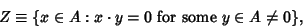 \begin{displaymath}
Z\equiv\{x\in A: x\cdot y=0 {\rm\ for\ some\ } y\in A\not=0\},
\end{displaymath}