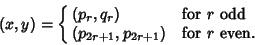 \begin{displaymath}
(x,y)=\cases{
(p_r,q_r) & for $r$\ odd\cr
(p_{2r+1},p_{2r+1}) & for $r$\ even.\cr}
\end{displaymath}