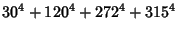 $\displaystyle 30^4+ 120^4+ 272^4+ 315^4$
