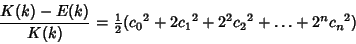 \begin{displaymath}
{K(k)-E(k)\over K(k)}={\textstyle{1\over 2}}({c_0}^2+2{c_1}^2 +2^2{c_2}^2+\ldots+2^n{c_n}^2)
\end{displaymath}