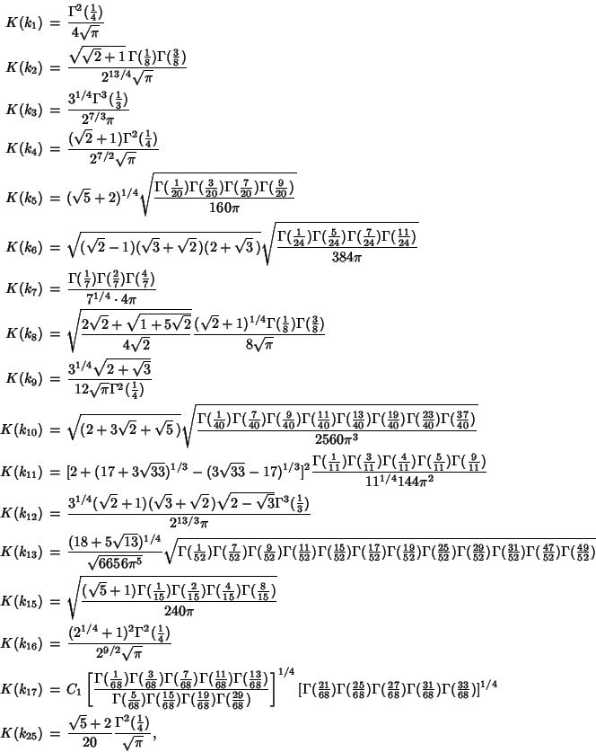 \begin{eqnarray*}
K(k_1)&=&{\Gamma^2({\textstyle{1\over 4}})\over 4\sqrt{\pi}}\...
...5}+2\over 20} {\Gamma^2({\textstyle{1\over 4}})\over\sqrt{\pi}},
\end{eqnarray*}