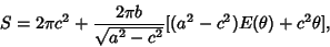 \begin{displaymath}
S=2\pi c^2+{2\pi b\over\sqrt{a^2-c^2}} [(a^2-c^2)E(\theta)+c^2\theta],
\end{displaymath}