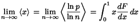 $\displaystyle \lim_{n\to\infty} \left\langle{x}\right\rangle{}=\lim_{n\to\infty} \left\langle{\ln p\over\ln n}\right\rangle{}=\int_0^1 x{dF\over dx}\,dx$