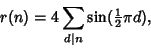 \begin{displaymath}
r(n)=4\sum_{d\vert n} \sin({\textstyle{1\over 2}}\pi d),
\end{displaymath}