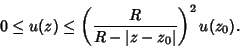 \begin{displaymath}
0\leq u(z)\leq \left({R\over R-\vert z-z_0\vert}\right)^2 u(z_0).
\end{displaymath}
