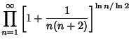 $\displaystyle \prod_{n=1}^\infty \left[{1+{1\over n(n+2)}}\right]^{\ln n/\ln 2}$