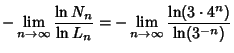 $\displaystyle -\lim_{n\to\infty} {\ln N_n\over \ln L_n} = -\lim_{n\to\infty} {\ln(3\cdot 4^n)\over \ln(3^{-n})}$