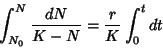 \begin{displaymath}
\int_{N_0}^N {dN\over K-N}={r\over K}\int_0^t dt
\end{displaymath}