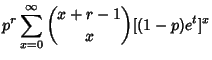 $\displaystyle p^r \sum_{x=0}^\infty{x+r-1\choose x}[(1-p)e^t]^x$