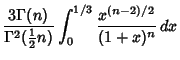 $\displaystyle {3\Gamma(n)\over\Gamma^2({\textstyle{1\over 2}}n)} \int_0^{1/3} {x^{(n-2)/2}\over(1+x)^n}\,dx$