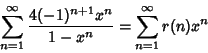 \begin{displaymath}
\sum_{n=1}^\infty {4(-1)^{n+1}x^n\over 1-x^n}=\sum_{n=1}^\infty r(n)x^n
\end{displaymath}