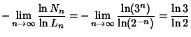 $\displaystyle -\lim_{n\to\infty}{\ln N_n\over\ln L_n}=-\lim_{n\to\infty}{\ln(3^n)\over\ln(2^{-n})}={\ln 3\over\ln 2}$