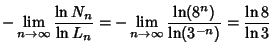 $\displaystyle -\lim_{n\to\infty}{\ln N_n\over\ln L_n}=-\lim_{n\to\infty}{\ln(8^n)\over\ln(3^{-n})}={\ln 8\over\ln 3}$