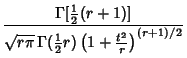 $\displaystyle {\Gamma[{\textstyle{1\over 2}}(r+1)]\over\sqrt{r\pi}\,\Gamma({\textstyle{1\over 2}}r)\left({1+{t^2\over r}}\right)^{(r+1)/2}}$