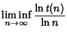 $\displaystyle \liminf_{n\to\infty} {\ln t(n)\over\ln n}$