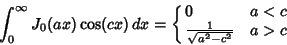\begin{displaymath}
\int_0^\infty J_0(ax)\cos (cx)\,dx =\cases{
0 & $a < c$\cr
{1\over \sqrt{a^2-c^2}} & $ a>c$\cr}
\end{displaymath}